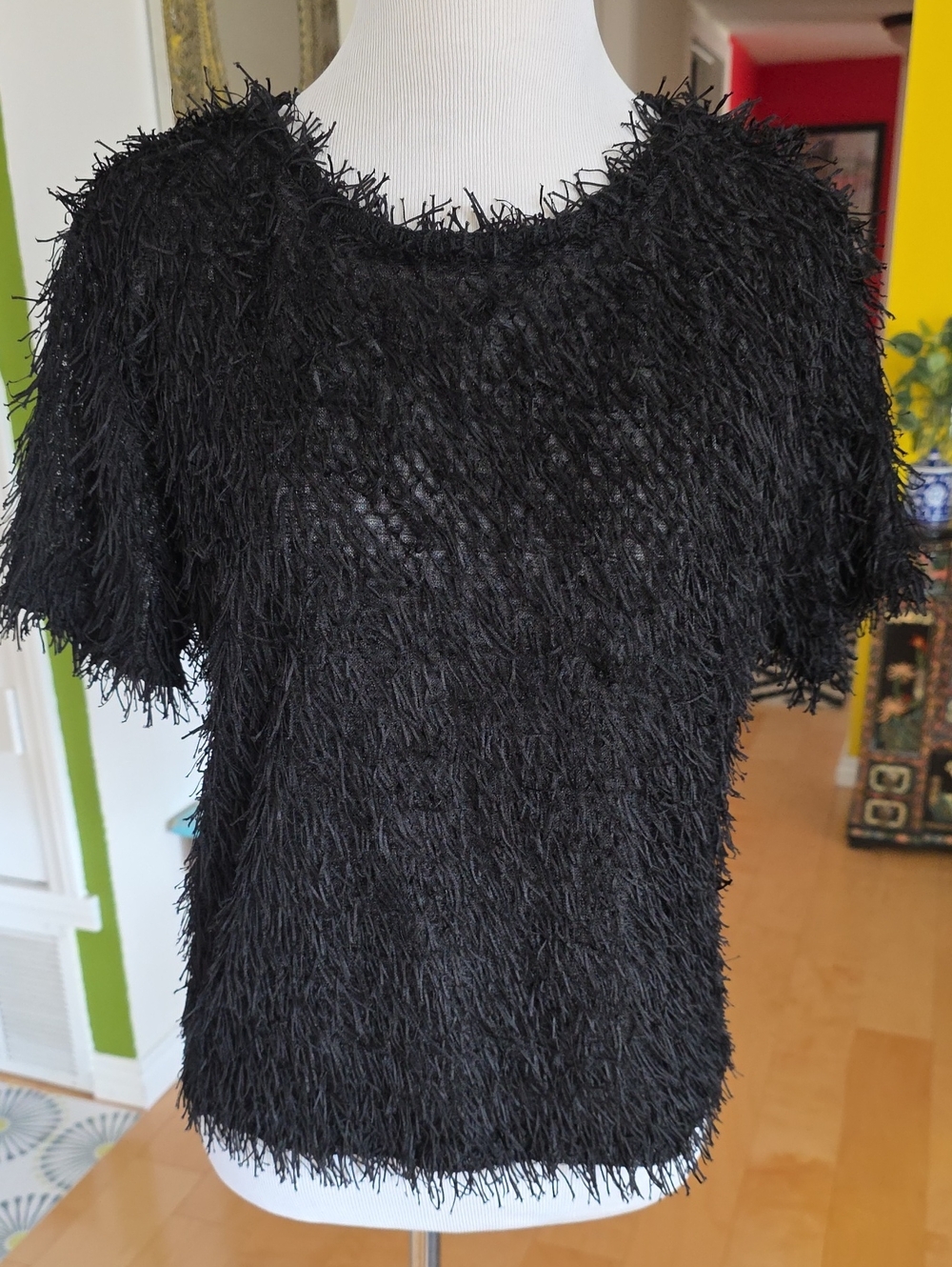 Zara Black Short-Sleeve Fringe Textured Tee